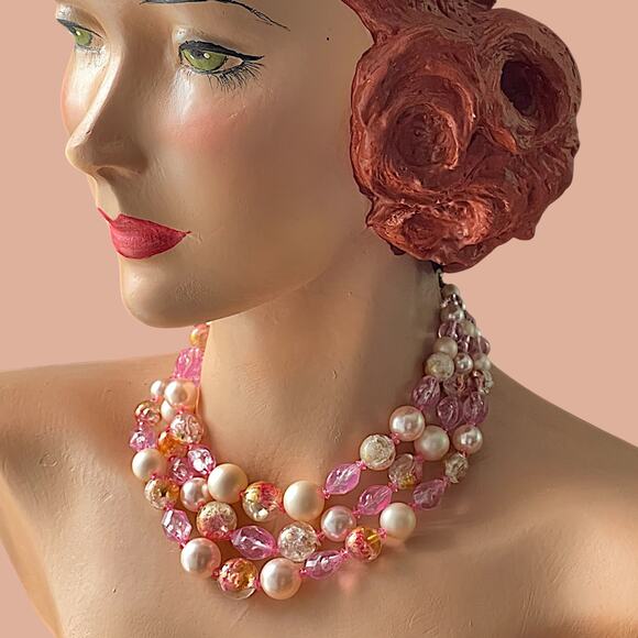 Vintage Coro Pink Necklace Multi Strand Collar MCM Crackle Glaze Signed - Picture 2 of 8